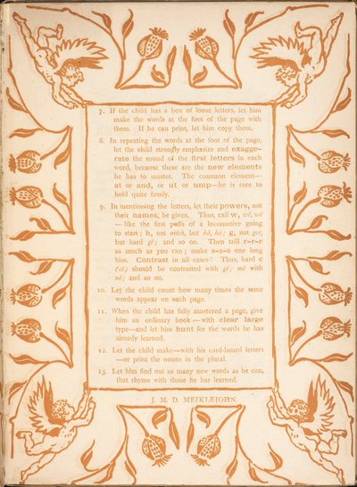Reading instructions for a child. A floral border, with cherubs by Walter Crane