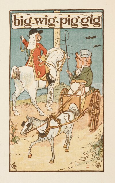 Rhyming words ending in the letter G. An illustration showing a pig riding a horse, and another driving a cart. The Golden primer by Walter Crane