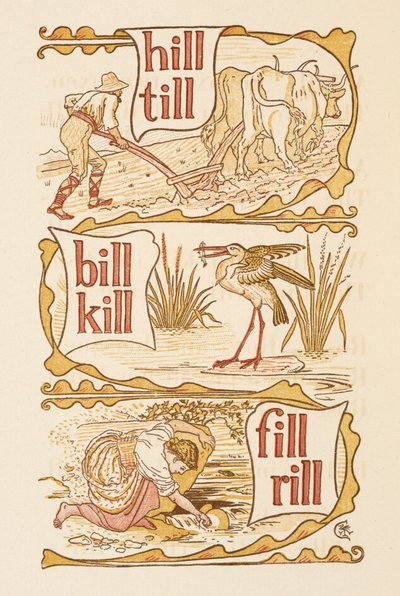 Rhyming words ending in the letter L. Ploughing. A stork. The Golden primer by Walter Crane