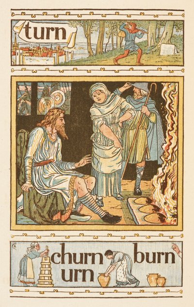 Rhyming Words Ending in the Letter N. An Illustration, Showing Possibly, King Alfred and the Burning Cakes. The Golden Primer by Walter Crane