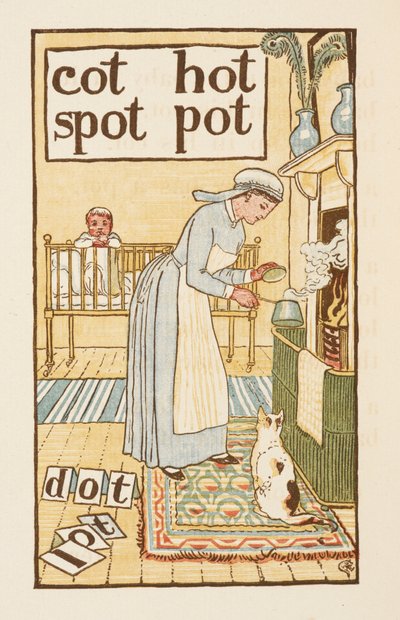 Rhyming Words Ending in the Letter T. An Illustration, Showing a Nurse Boiling a Pot for a Sick Child. The Golden Primer by Walter Crane