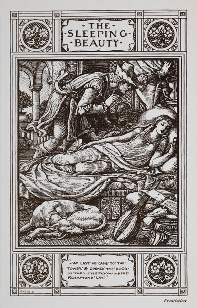 Sleeping Beauty Lies Asleep Surrounded by a Sleeping Dog and a Musical Instrument While Prince Charming Watches Over Her. by Walter Crane