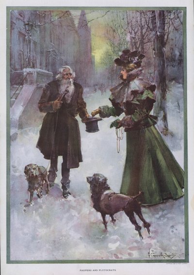 Paupers and Plutocrats: wealthy woman giving money to a poor man on a street in winter by Walter Granville Smith