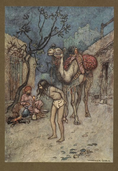 The Camel-Driver Alighted, Tied the Camel to the Tree on the Spot, and Began Smoking, from Folk-Tales of Bengal by Warwick Goble