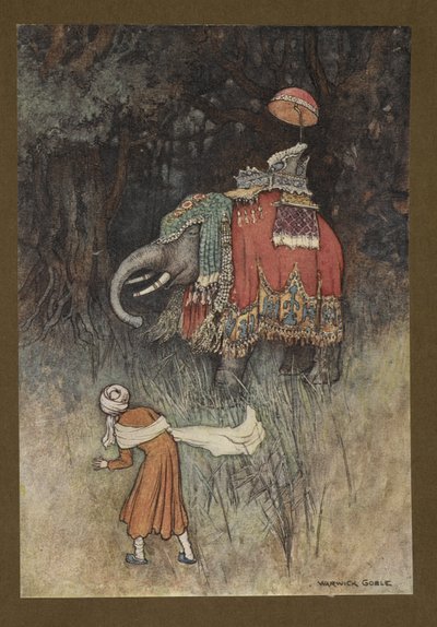 On a Sudden an Elephant Gorgeously Caparisoned Across His Path, from Folk-Tales of Bengal by Warwick Goble
