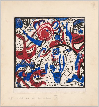Woodcut after the reverse glass painting „Great Resurrection“ (proof print with instructions for Kandinsky