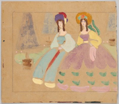Two Ladies in Hoop Skirts in Front of Trimmed Trees in Pots by Wassily Kandinsky
