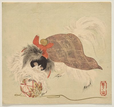 Japanese Chin Dog in a Purple Cloak, Playing with a Silk-Thread Ball by Watanabe Kazan
