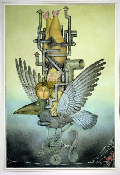 Balancing Girl on Mechanical Bird on Tightrope by Wayne Anderson