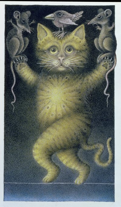 Cat on a Tightrope, balancing with Bird and Mice by Wayne Anderson