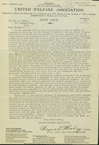 Letter from Wayne E. Wheeling, United Welfare Association, to Dear Neighbor, February 5, 1915 by Wayne E. Wheeling