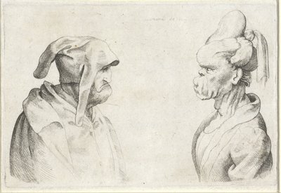 Deformed Heads of a Man with a Loose Cap and a Woman with Tied Hair (Varie figurae et probae series) (Caricatures, Heads and Deformations after Leonardo da Vinci series) by Wenceslaus Hollar (attributed to)