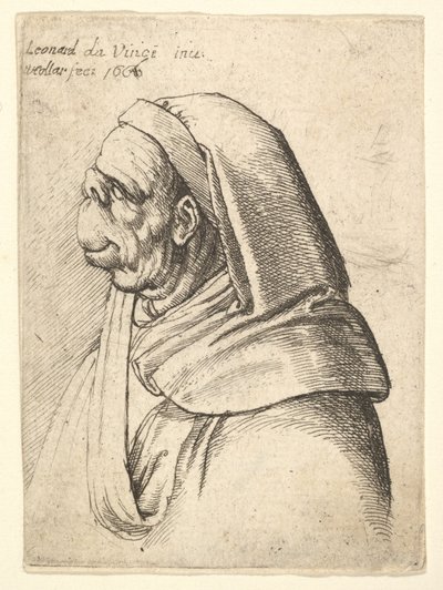 Bust of a Man with a Small Turned-Up Nose and Very High Upper Lip, Wearing Hood, in Profile by Wenceslaus Hollar