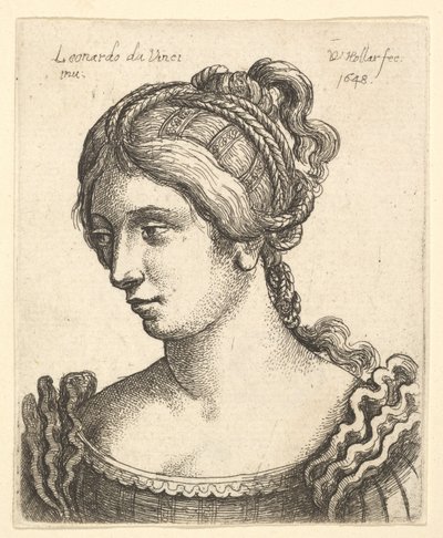 Bust of a Woman Looking Downwards Towards Left with Elaborately Decorated Hair by Wenceslaus Hollar
