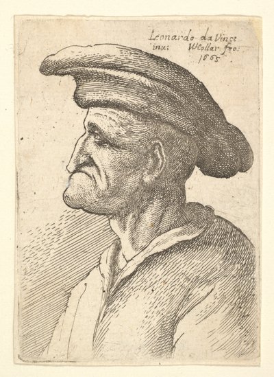 Bust of elderly man with nose that meets his lower lip, wearing wide flat cap in profile, 1665 by Wenceslaus Hollar