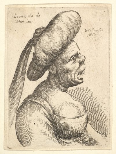 Bust of Woman with Wide Open Mouth and Up-Turned Nose, Wearing Large Flat Turban with Cloth by Wenceslaus Hollar