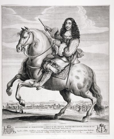 Equestrian Portrait of Charles II with a Landscape by Wenceslaus Hollar