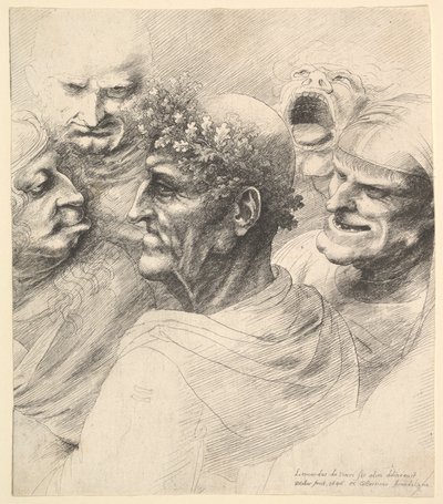 Five grotesque heads, including an elderly man with an oak leaf wreath by Wenceslaus Hollar