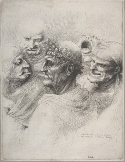 Five grotesque heads, including an elderly man with an oak leaf wreath by Wenceslaus Hollar