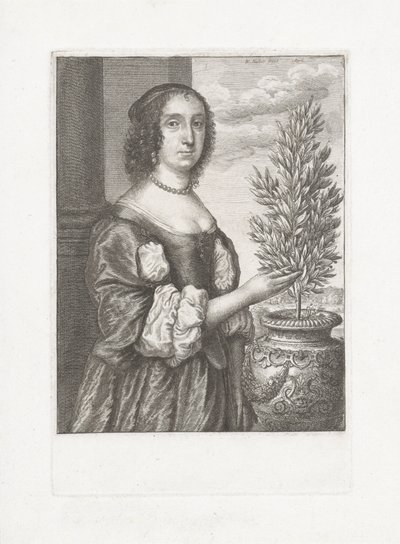 Portrait of a Standing Woman Next to a Laurel Plant by Wenceslaus Hollar