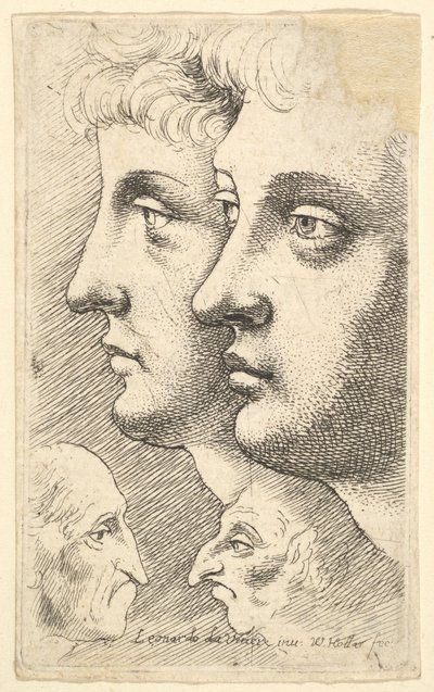 Two Youths in Profile with Two Grotesque Heads by Wenceslaus Hollar