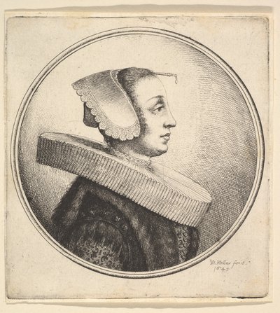 Woman with circular ruff, bonnet and hair-pin, in profile to right by Wenceslaus Hollar