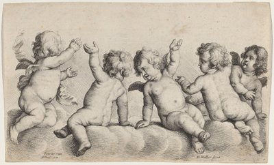Three Cherubs and Two Boys on Clouds by Wenceslaus Hollar, after Peeter van Avont