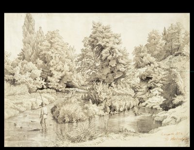 Erkrath, Landscape of Stream with Boy Fishing by Werner Holmberg