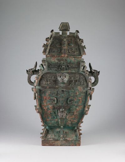 Covered wine vessel with zoomorphic masks and animal-headed handles by Western Zhou Dynasty Chinese School