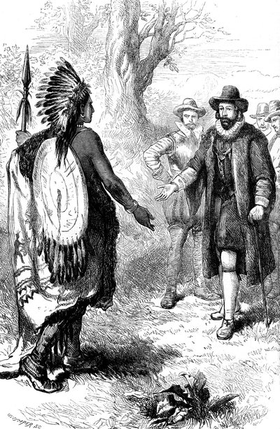 Reception of a Narragansett Warrior by John Winthrop, Massachusetts by Whymper