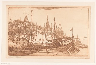 Ship with Firewood on the Banks of the Ganges in Benares by Wijnand Otto Jan Nieuwenkamp (signed by artist)