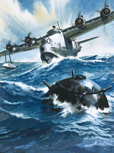 As Flying Officer G. O. Singleton gunned the engine of the Short Sunderland he saw a drifting mine by Wilf (20th century) Hardy
