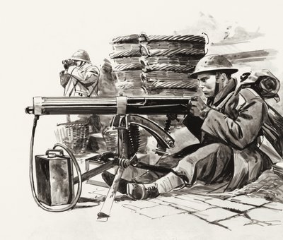 British machine gunner waiting for the Germans outside Dunkirk by Wilf (20th century) Hardy