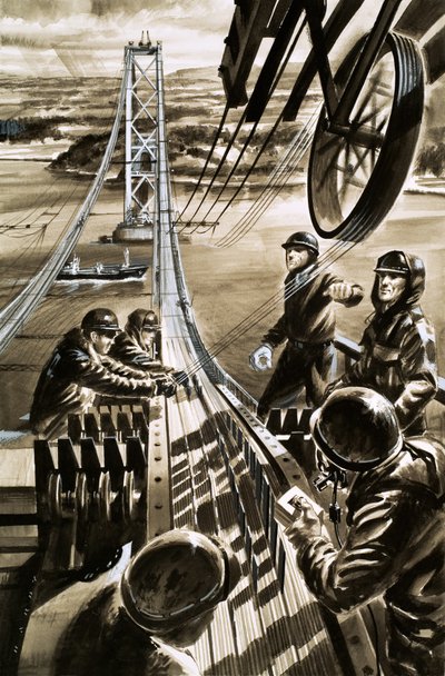 Building the bridge across the Firth of Forth by Wilf (20th century) Hardy
