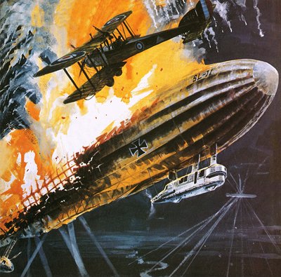 Shooting down a Zeppelin during the First World War by Wilf (20th century) Hardy