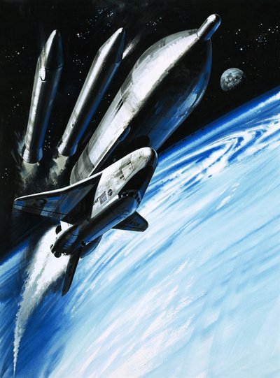 The space shuttle at the moment it sheds two of its rocket engines by Wilf (20th century) Hardy