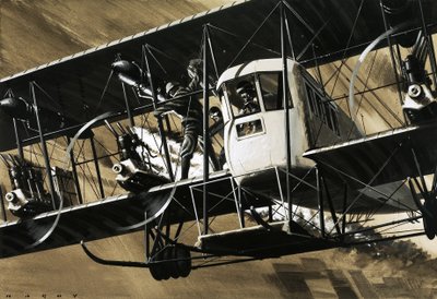 Two crewmen amid the wires and struts of an Ilia Mourometz II bomber putting out an engine fire by Wilf (20th century) Hardy