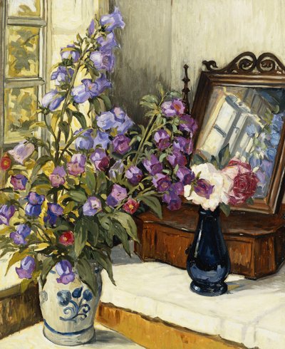 Foxgloves and Roses on a Dressing Table by Wilfred Peter Glud