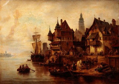 Waterfront Village Scene by Wilhelm Alexander Meyerheim