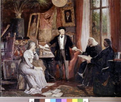 From left to right: Cosima Wagner, Richard Wagner, Franz Liszt and Walsogen at Villa Wahnfried in Bayreuth. Painting by Beckmann by Wilhelm Beckmann