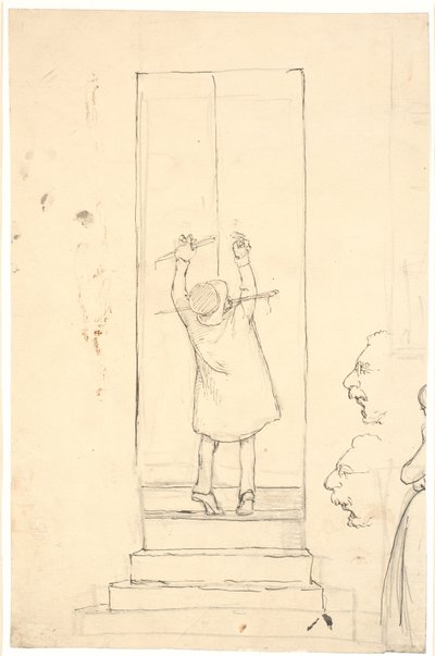 A Little Man Stands on Tiptoe to Open a Door with a Latch. Sketch of Profiles and Woman by Wilhelm Marstrand