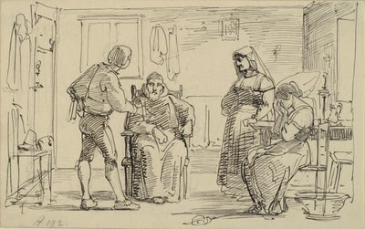 Interior Where a Young Man Explains Something to a Seated Monk, Right a Crying Girl and Old Woman by Wilhelm Marstrand