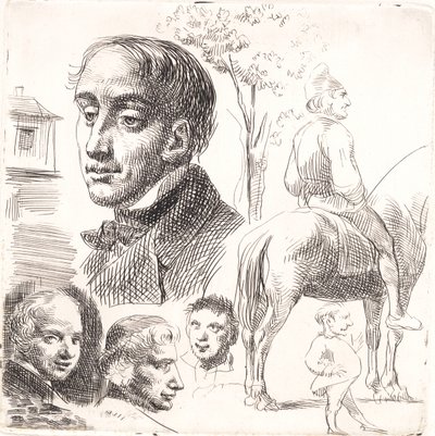 Sample Sheet in Stylography with Portrait Heads, Peasant on Horse, etc. by Wilhelm Marstrand