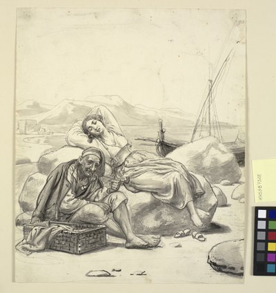 Sleeping girl and old fisherman by the beach by Wilhelm Marstrand