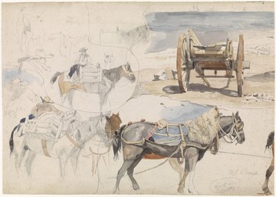 Study Sheet with Shell Cart on the Beach and Various Studies of Horses by Willem Anthonie van Deventer