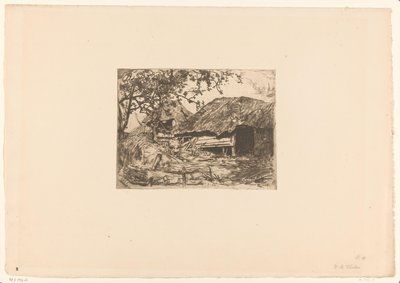 Barns covered with reeds, with a pig in the hay by Willem Bastiaan Tholen