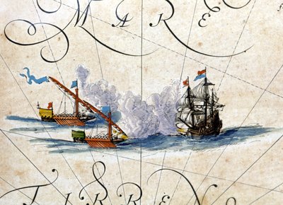 Battle Between Two Galleys and a Caraque. Atlas by Willem Janszoon Blaeu by Willem Blaeu