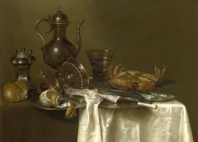 Still Life: Pewter, Silver Vessels and a Crab by Willem Claesz. Heda