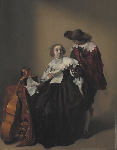 A Seated Woman with a Letter, a Gentleman Standing by Her by Willem Cornelisz Duyster