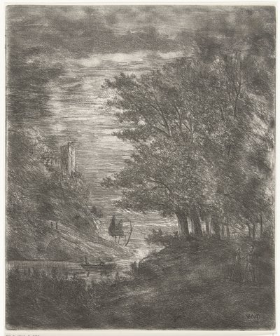 Hilly Landscape with Ruins and a Boat on Water by Moonlight by Willem Matthias Jan van Dielen
